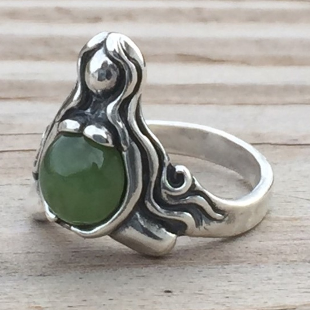 Goddess of Abundance Ring .925 Sterling Silver w/ genuine Jade gem Made in USA - Picture 1 of 8